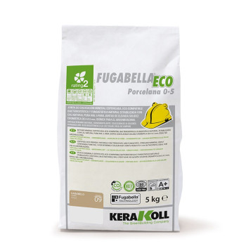 Tas met het opschrift `Fugabella Eco Porcelana 0-5` met milieuvriendelijke markeringen en een veiligheidshelmpictogram, geplaats