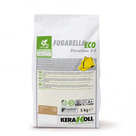 Una bolsa blanca con la etiqueta `Fugabella Eco Porcelana 0-5` que contiene 5 kg de cemento resinoso de Kerakoll. con certificac