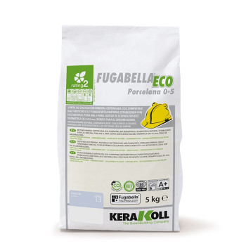 A white bag labeled `FUGABELLA ECO Porcelana 0-5,` features a construction helmet icon, text descriptions, and Kerakoll branding