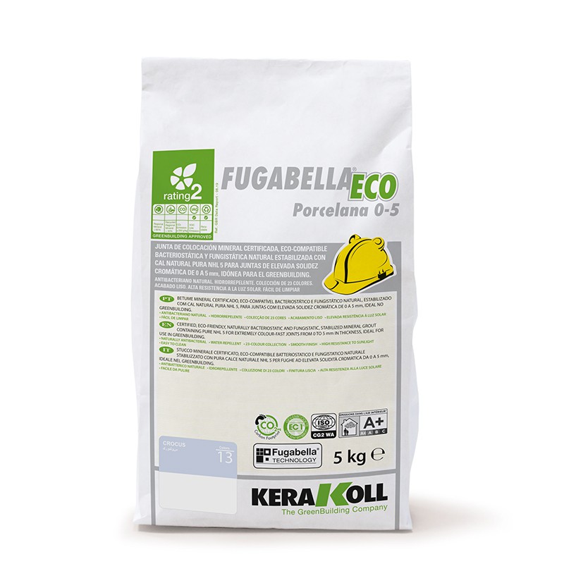 A white bag labeled `FUGABELLA ECO Porcelana 0-5,` features a construction helmet icon, text descriptions, and Kerakoll branding