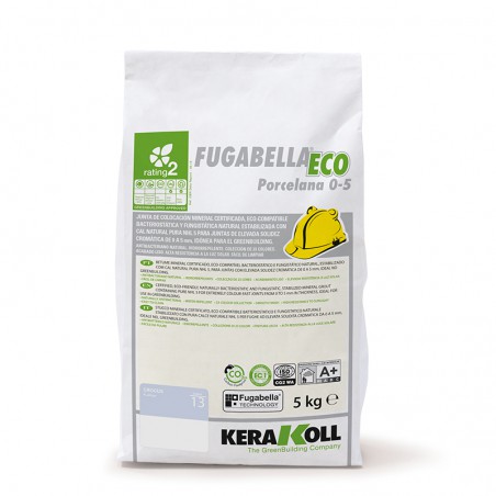 A white bag labeled `FUGABELLA ECO Porcelana 0-5,` features a construction helmet icon, text descriptions, and Kerakoll branding