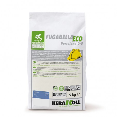 Bag of Fugabella Eco Porcelana 0-5 resin-cement, standing upright, featuring product details in multiple languages. Capacity: 5 