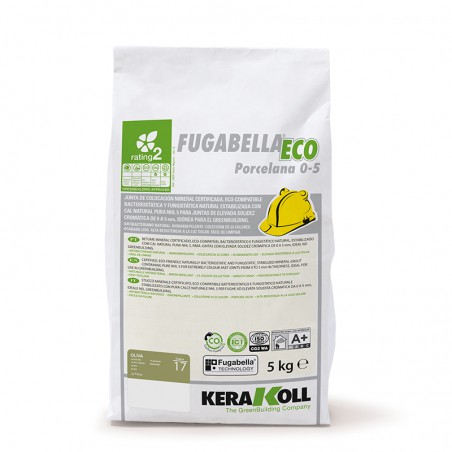 Een witte zak met het opschrift `Fugabella Eco Porcelana 0-5` met een groen bladpictogram, met daarin milieuvriendelijk harsceme