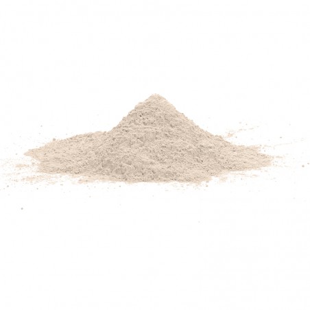 Un pequeño montículo de polvo fino de color gris claro descansa sobre un fondo blanco liso sin ningún texto presente.