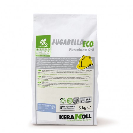 Tas met het opschrift `Fugabella Eco Porcelana 0-5`, met groene milieuvriendelijke symbolen, veiligheidsinstructies en het merk 