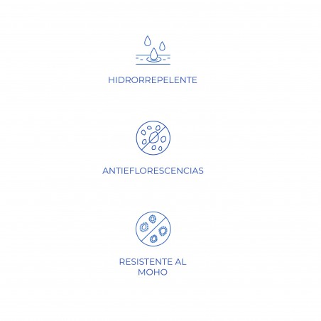 Pictogrammen met tekst illustreren eigenschappen: waterdruppel als `HIDRORREPELENTE`, cirkels voor `ANTIEFLORESCENCIAS`, bacteri