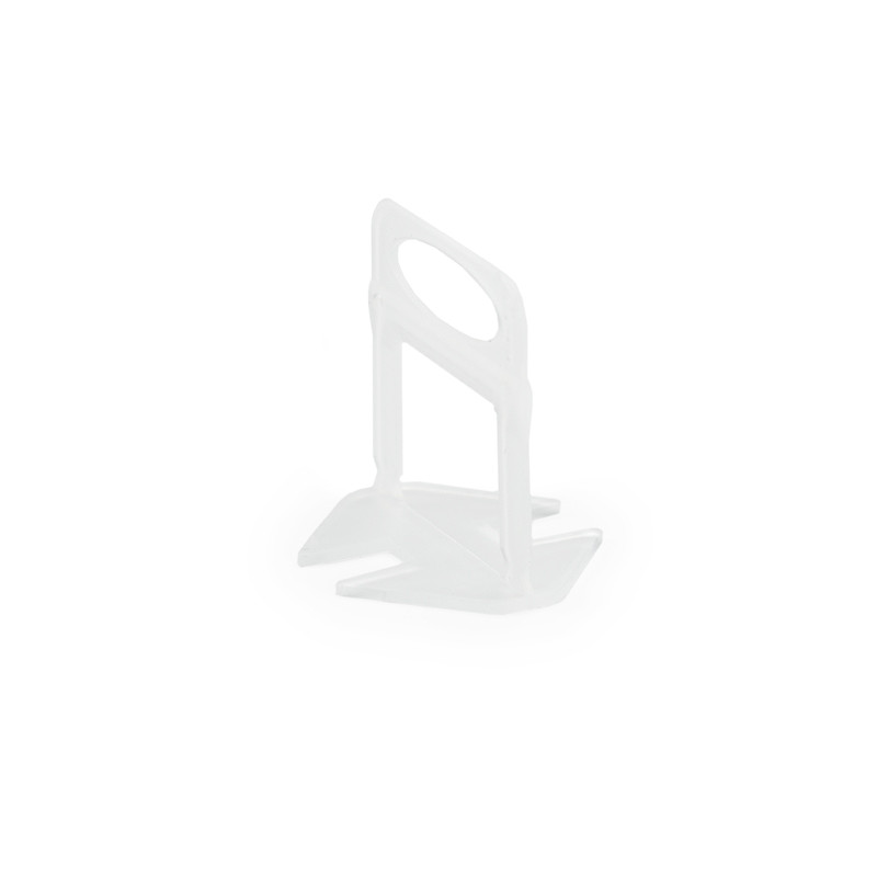 A small, white plastic bread clip stands upright on a plain white background.
