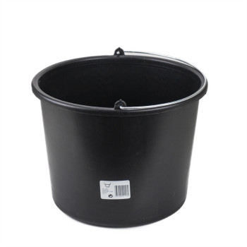 A black plastic bucket with a metal handle is sitting upright on a plain white background. A label with a barcode is affixed to