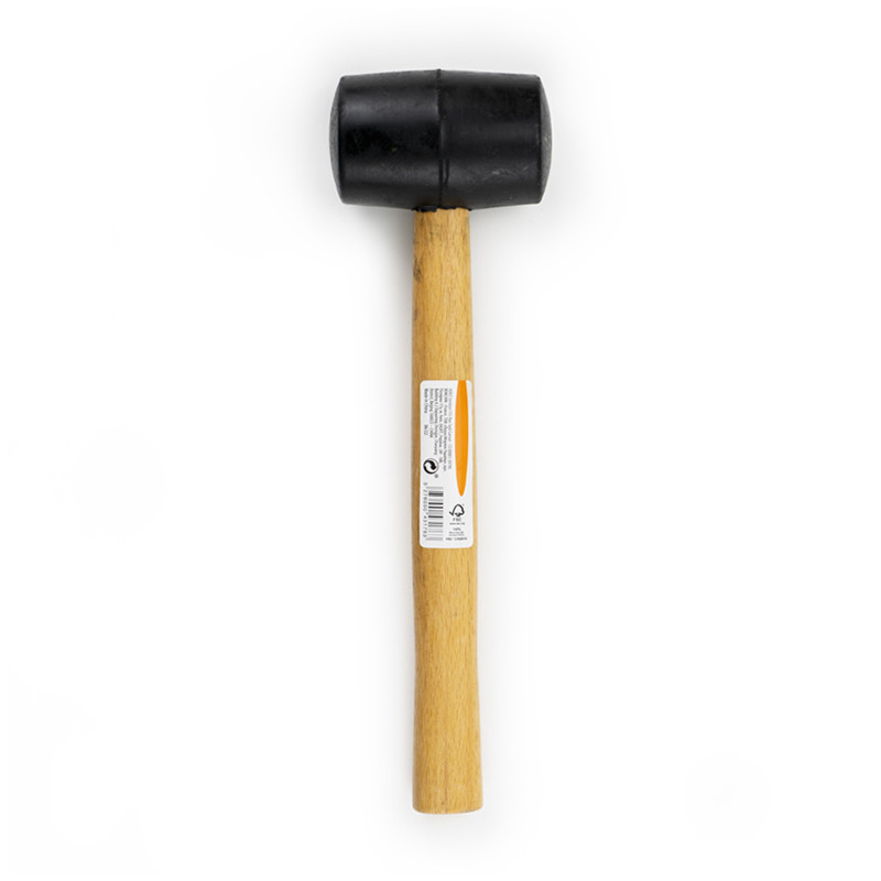 A rubber mallet with a black head is resting on a white background. It has a wooden handle with a visible product label: `NF L2 