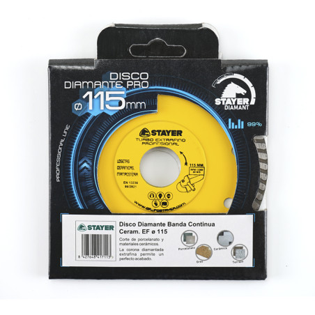 The image shows a yellow diamond cutting disc inside black packaging with text, `DISCO DIAMANTE PRO Ø 115 mm,` and `STAYER TURBO