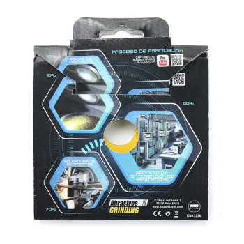 A cardboard packaging with industrial images illustrates the abrasive manufacturing process. Text: `Proceso de fabricación,` `Ab