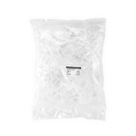 A sealed, transparent plastic bag containing multiple small white clips, labeled with: “Tile Leveling System,” recycling symbol,
