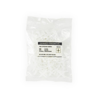 A sealed plastic bag contains white tile leveling spacers. The label reads: `ceramic connection, TILE LEVELING SYSTEM, SPACER, S