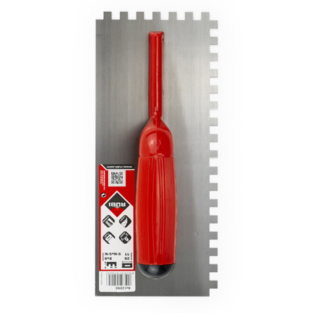 A rectangular notched trowel with a red handle lies against a white background. Text includes: `1801,` `205x95 8x8,` barcodes, Q