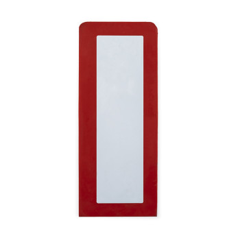 A rectangular mirror is centered within a vertical frame with a red border, hanging against a plain white background.