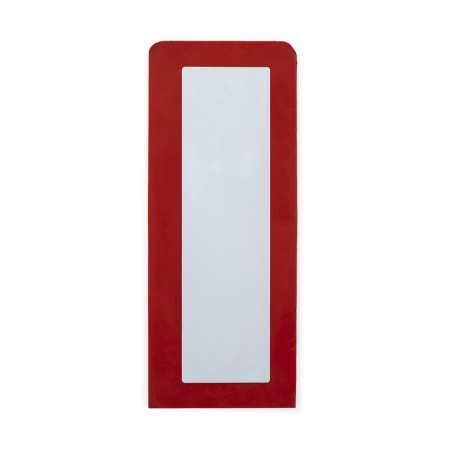 A rectangular mirror is centered within a vertical frame with a red border, hanging against a plain white background.