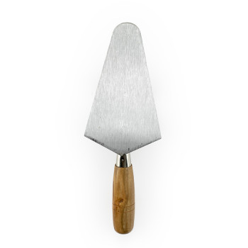 A metal cake server with a triangular blade and a wooden handle, positioned upright against a white background.