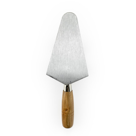 A metal cake server with a triangular blade and a wooden handle, positioned upright against a white background.