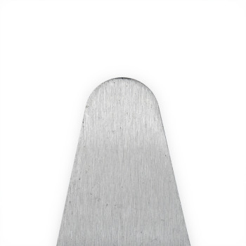 A metallic, rounded object stands vertically against a plain white background, showing a brushed texture. No text is present.