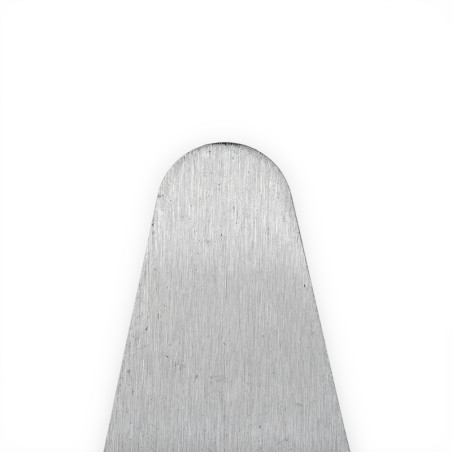 A metallic, rounded object stands vertically against a plain white background, showing a brushed texture. No text is present.