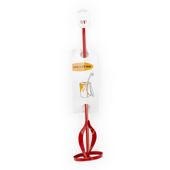 A red paint mixer with a helical design is displayed vertically. It is packaged with a label showing a paint can graphic. Text r