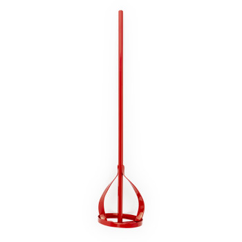 A red paint mixer with a helical design is displayed vertically. It is packaged with a label showing a paint can graphic. Text r