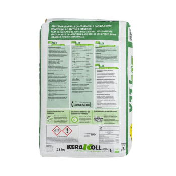 The bag displays a 25 kg product with the label `KERAKOLL` at the bottom. It includes detailed text on application instructions 