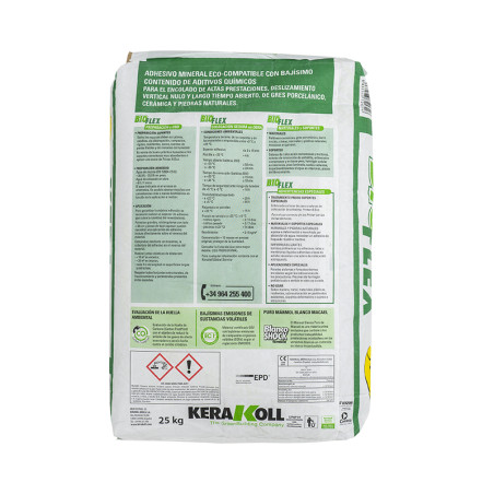 The bag displays a 25 kg product with the label `KERAKOLL` at the bottom. It includes detailed text on application instructions 