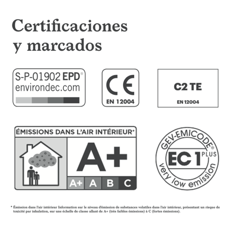 The image displays various certification logos and markings. Text reads: `Certificaciones y marcados,` `S-P-01902 EPD environdec
