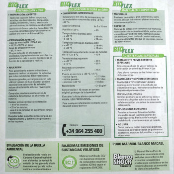 The image displays an informational leaflet for `BIOFLEX` adhesive products. It details preparation, application, environmental 