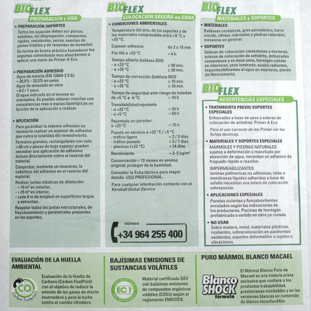 The image displays an informational leaflet for `BIOFLEX` adhesive products. It details preparation, application, environmental 