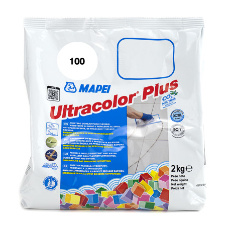 Een witte plastic zak met het opschrift `Mapei Ultracolor Plus 100` toont kleurrijke vierkanten. gebruikt voor het voegen van te