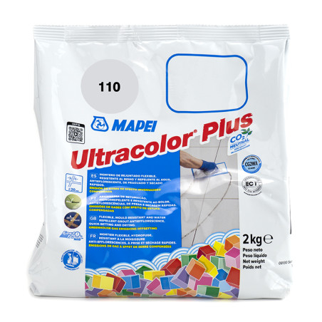A embalagem mostra o cimento resinoso MAPEI Ultracolor Plus sendo aplicado em revestimentos cerâmicos, com logotipos e texto em 