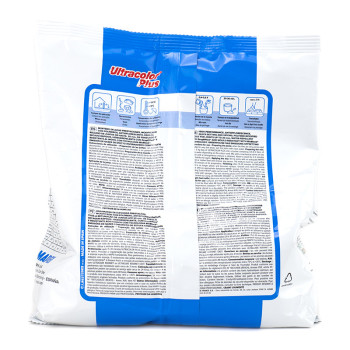 Um pacote branco rotulado como `Ultracolor Plus` com design azul exibe vários idiomas e ícones para instruções de aplicação.