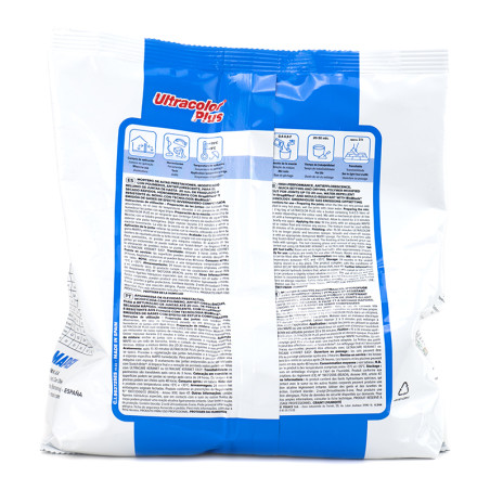 Um pacote branco rotulado como `Ultracolor Plus` com design azul exibe vários idiomas e ícones para instruções de aplicação.