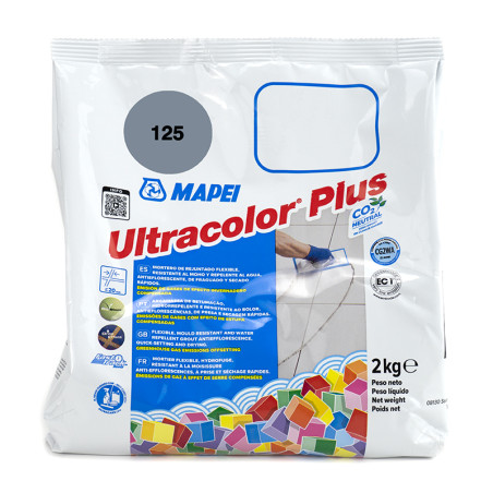 Op de tas wordt `Mapei Ultracolor Plus` harscement weergegeven, met het opschrift 125, omgeven door kleurrijke geometrische vorm