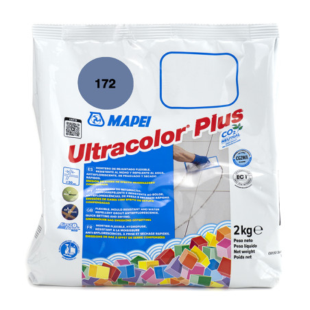 Bag labeled `Mapei Ultracolor Plus 172` containing grout, showing a tiling process, surrounded by colorful graphics, 2kg net wei