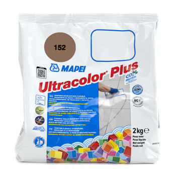 Een pakket met het opschrift `Mapei Ultracolor Plus` toont een handvoegende tegels, omgeven door kleurrijke tegels. Nettogewicht