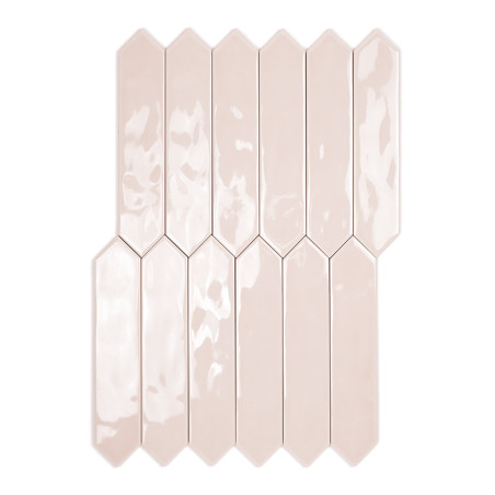 Ladrilhos hexagonais alongados rosa claro brilhantes formam um padrão escalonado, criando uma superfície moderna e elegante, ide
