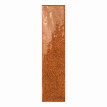 Een rechthoekige, glanzende terracottategel met een gestructureerde, ongelijkmatige afwerking. Het rust verticaal tegen een witt