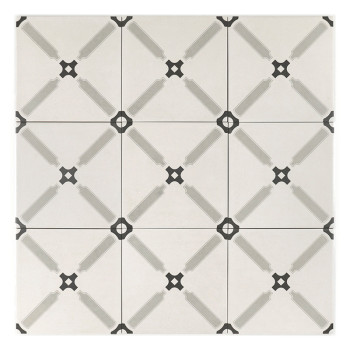 Un mosaico cuadrado presenta un fondo gris claro con patrones geométricos simétricos en negro y gris que se asemejan a formas al