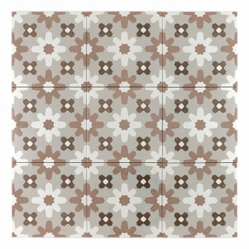 De vierkante tegel toont een symmetrisch sterpatroon dat is samengesteld uit in elkaar grijpende geometrische vormen in aardse t