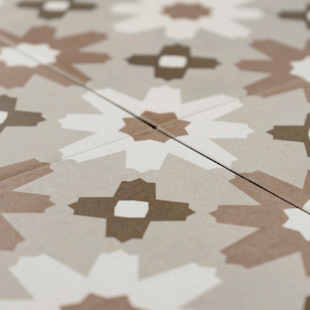 Geometrische tegels vertonen stervormige patronen in wit, bruin en beige, plat liggend met een zichtbare naad, waardoor een symm