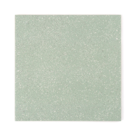 Un carreau carré affiche une texture mouchetée subtile, avec une teinte vert tendre, créant une apparence neutre et apaisante.