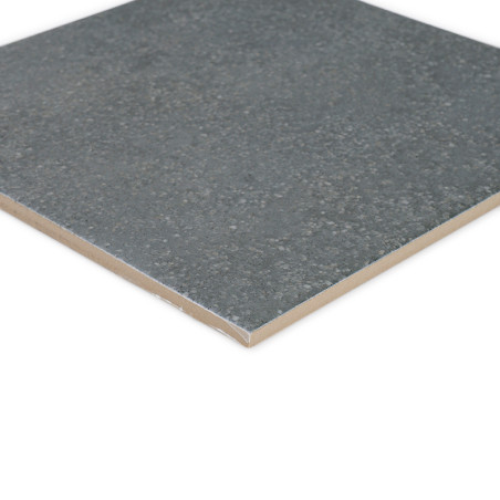 Un carreau de céramique carré gris repose à plat, présentant une surface texturée et mouchetée avec un bord lisse, adapté au sol