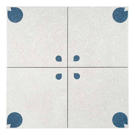 Four square tiles, each featuring a blue quarter-circle in one corner, are arranged symmetrically, forming two teardrop shapes a
