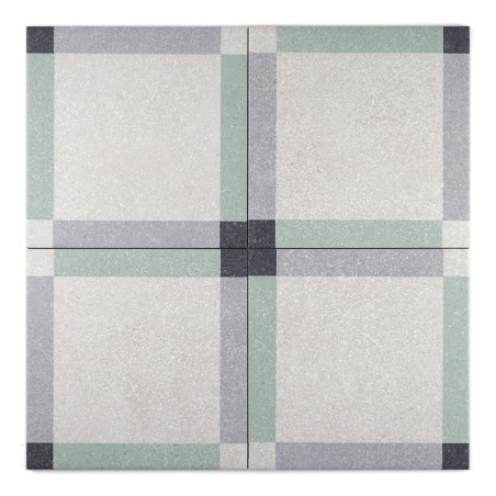 Un azulejo cuadrado con un fondo crema presenta líneas que se cruzan en verde claro y gris, formando un patrón de cuadrícula, cr