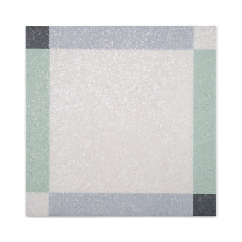A square tile shows a geometric border pattern with black, gray, and green sections surrounding a textured off-white center, sug