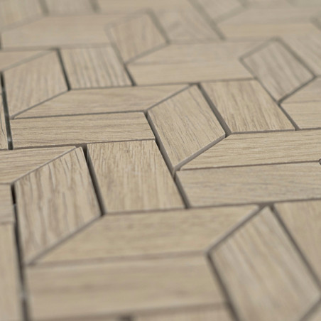 Tegels met houtstructuur vormen een geometrisch, in elkaar grijpend patroon, waardoor een visueel dynamisch en gestructureerd vl