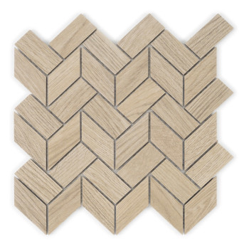 Les carreaux à motifs de bois forment un motif à chevrons, créant un effet visuel tissé. Les carreaux présentent des tons brun c